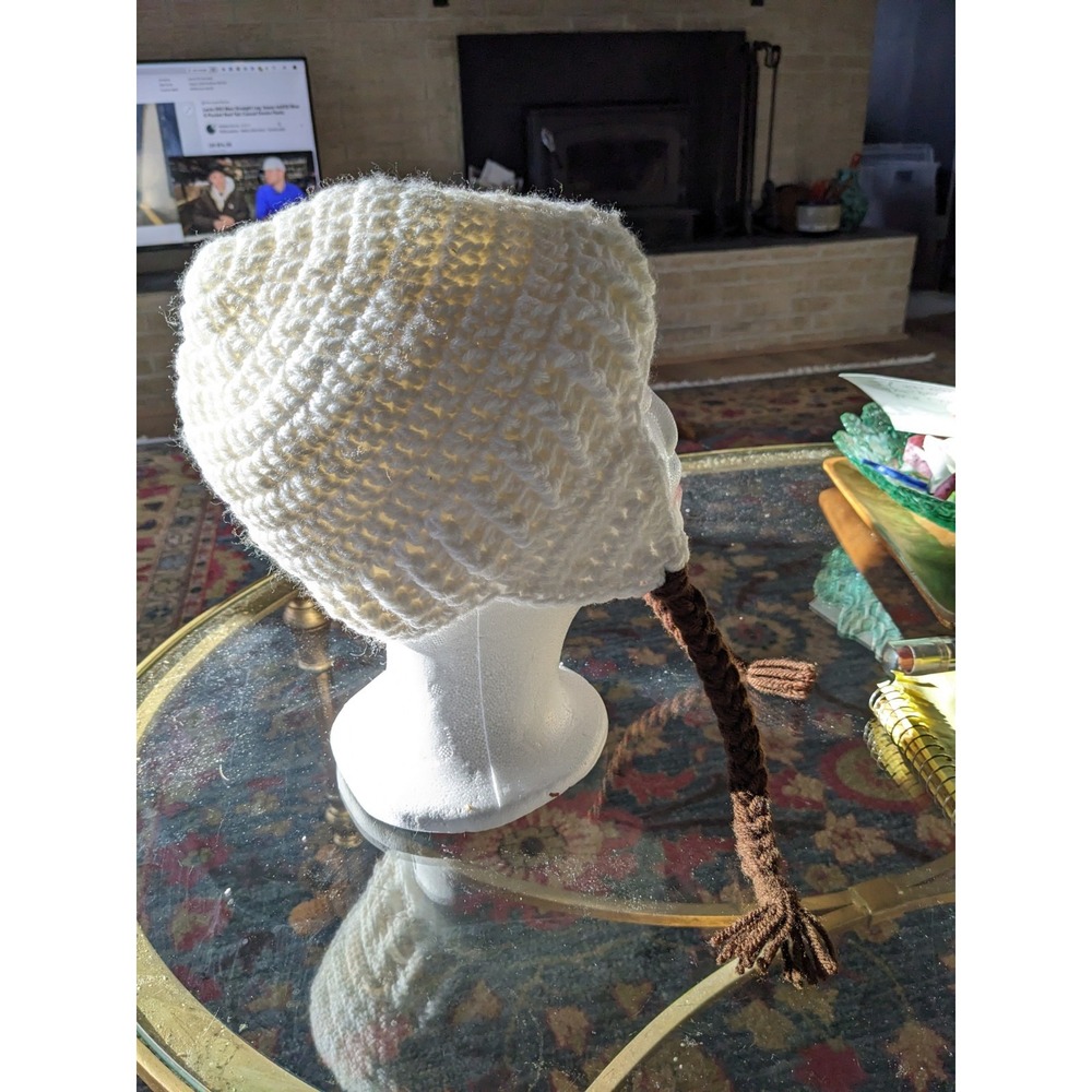 Hand Knit Winter Beanie Hat Cream W/ Brown Braids 1-Size. Great Stocking Stuffer